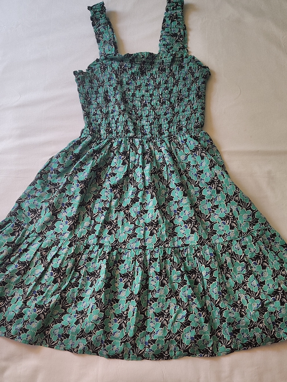 GAP Green Black Floral Smocked Tank Midi Dress Small Cotton EUC